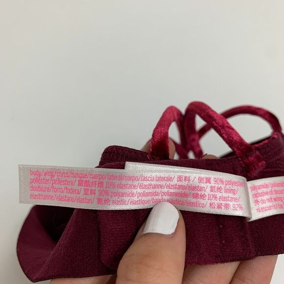 Pink Victorias Secret Bralette Women S Small Maroon Unlined Crushed Velvet Strap - Picture 10 of 12